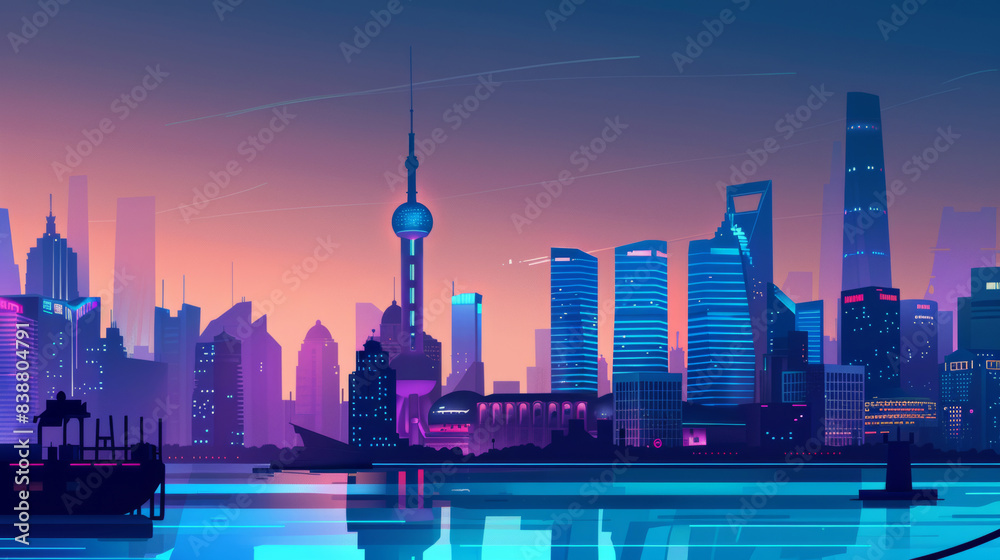Obraz premium the night of Shanghai city and skyline, sunset, building and lights, Oriental Pearl Tower, Lujiazui silhouette