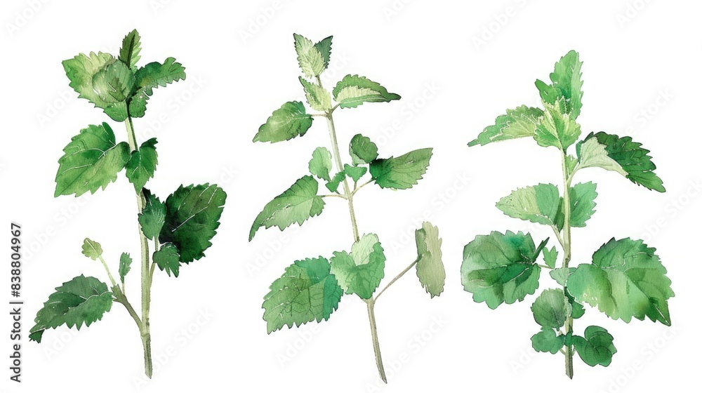 Watercolor illustrations of lemon balm on white background Watercolor illustrations of lemon balm on white background