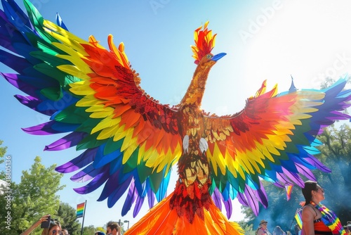 A rainbow-colored phoenix rising from the ashes, symbolizing resilience and renewal, with a pride festival happening in the background