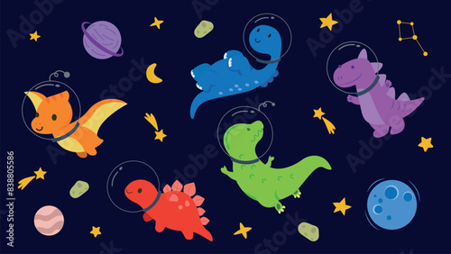 Set of adorable dinosaurs in outer space in cartoon style.Vector illustration of colorful dinosaurs in different poses,helmets,planets, crescent moon,constellations isolated on dark blue background.