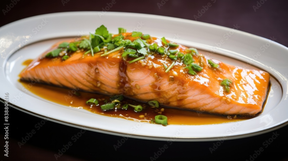 Salmon prepared with a refreshing sweet garlic sauce.photograph of telephoto lens realistic daylight --ar 16:9 --stylize 50 --v 5.2 Job ID: 674396e8-14ec-4a50-baa0-704df95d57c4 Salmon prepared with a refreshing sweet garlic sauce.photograph of telephoto lens realistic daylight --ar 16:9 --stylize 50 --v 5.2 Job ID: 674396e8-14ec-4a50-baa0-704df95d57c4