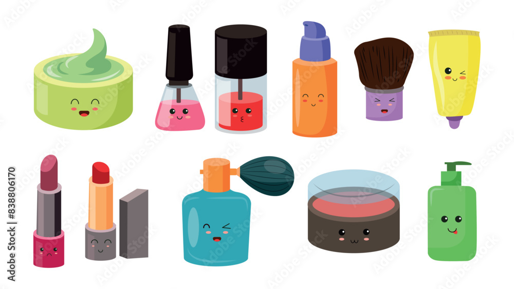 Set of cute kawaii cosmetics in cartoon style.Vector illustration of funny cosmetics with different emotions: cream, nail polishes, brush, tube, lipsticks, perfume, blush,isolated on white background. Set of cute kawaii cosmetics in cartoon style.Vector illustration of funny cosmetics with different emotions: cream, nail polishes, brush, tube, lipsticks, perfume, blush,isolated on white background.