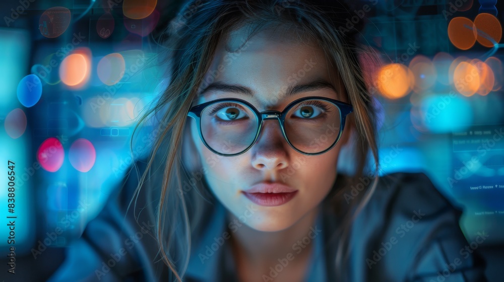 An intrigued girl peers through large glasses, her expression full of wonder and curiosity An intrigued girl peers through large glasses, her expression full of wonder and curiosity