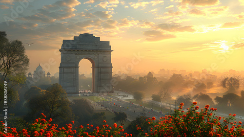 A beautiful night view of India Gate in New Delhi, a historical monument and tourist attraction, illuminated by street lights.