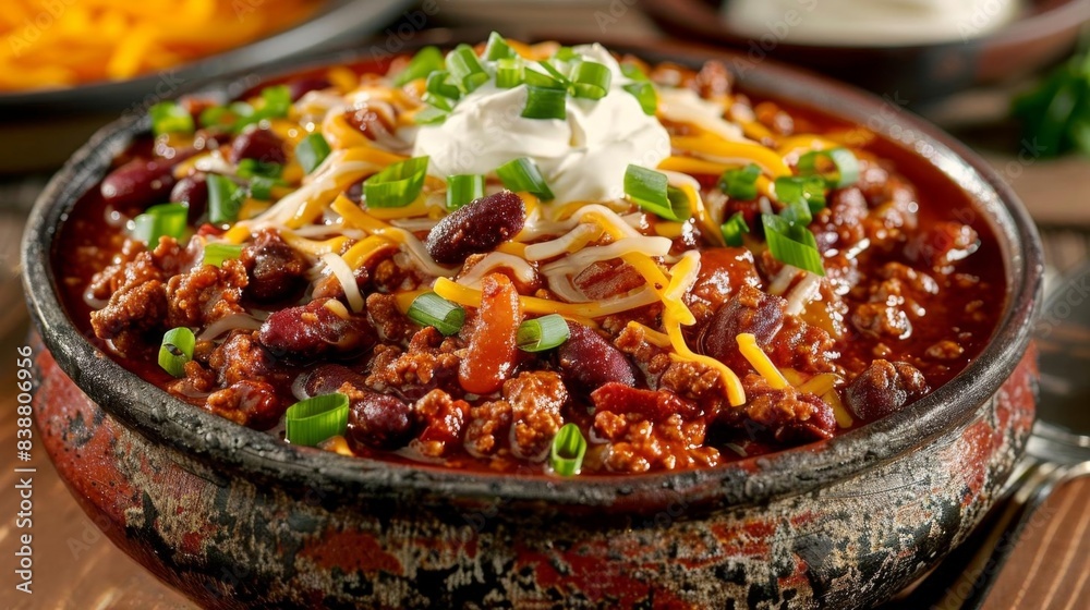 Hearty bowl of chili topped with sour cream, shredded cheese, and green onions, served in a rustic bowl. Perfect comfort food for a cozy meal. Hearty bowl of chili topped with sour cream, shredded cheese, and green onions, served in a rustic bowl. Perfect comfort food for a cozy meal.