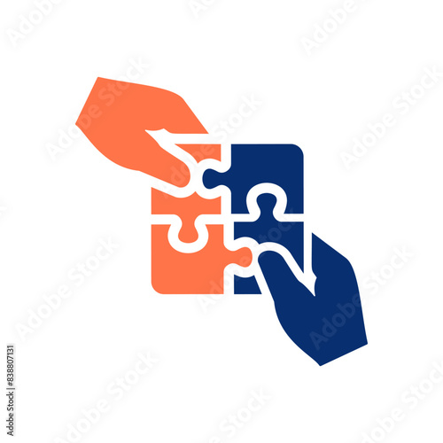 Hands assembling puzzle pieces icon.