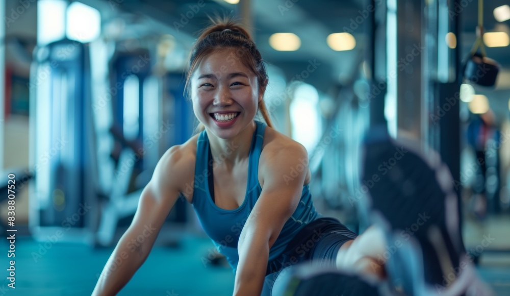 Engaged in weight training, an Asian girl works on building muscle strength using a fitness gym machine. Engaged in weight training, an Asian girl works on building muscle strength using a fitness gym machine.