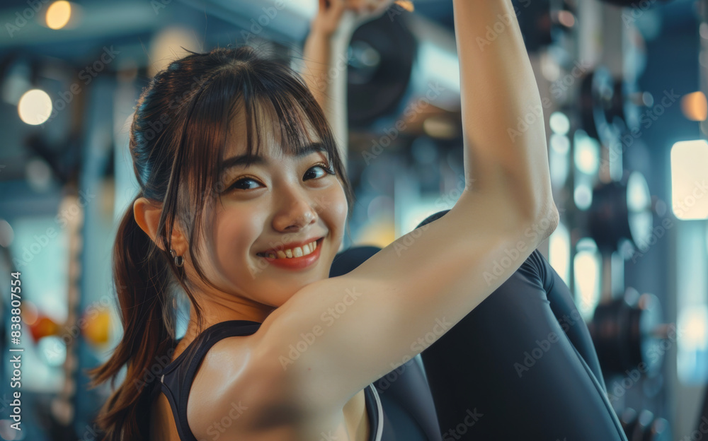 Obraz premium Engaged in weight training, an Asian girl works on building muscle strength using a fitness gym machine.