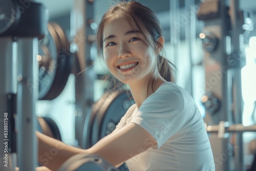 Engaged in weight training, an Asian girl works on building muscle strength using a fitness gym machine. photo