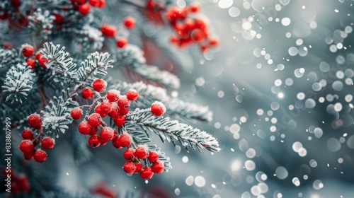 Frosty Pine Branches with Red Berries and Snowfall 