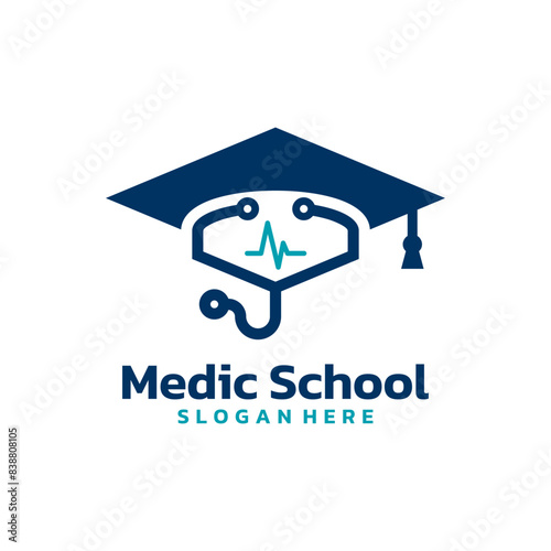 Graduate hat and stethoscope logo vector. Medical and nursing education logo template design concept.