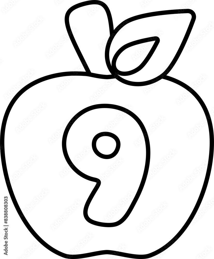 Illustration of apple-shaped numbers outlined in black for a coloring page for kids, number nine. Illustration of apple-shaped numbers outlined in black for a coloring page for kids, number nine.