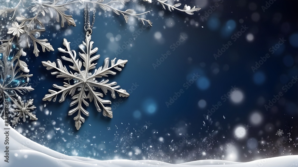 An enchanting portrayal of winter's beauty with snowdrifts and a glistening silver decorative snowflake suspended in the sky amid falling snowflakes, creating a festive banner format with space for te An enchanting portrayal of winter's beauty with snowdrifts and a glistening silver decorative snowflake suspended in the sky amid falling snowflakes, creating a festive banner format with space for te