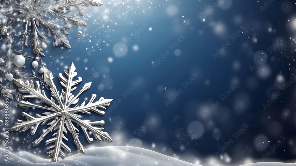 An enchanting portrayal of winter's beauty with snowdrifts and a glistening silver decorative snowflake suspended in the sky amid falling snowflakes, creating a festive banner format with space for te An enchanting portrayal of winter's beauty with snowdrifts and a glistening silver decorative snowflake suspended in the sky amid falling snowflakes, creating a festive banner format with space for te
