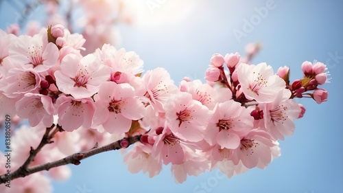 A mesmerizing close-up of cherry blossoms against a soft light blue sky, basking in sunlight, offering a beautiful spring floral image with panoramic view and copy space.