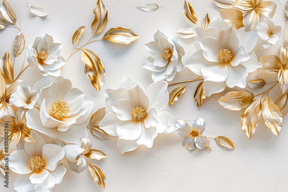 Fototapeta premium Luxurious 3D Wallpaper: Golden Magnolia Flowers on White Background