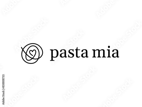 Pasta logo design template. Spaghetti illustration with heart sign. Vector noodle and ramen symbol background. Modern food sign for italian, asian, chinese, japanese restaurant, cafe, bar