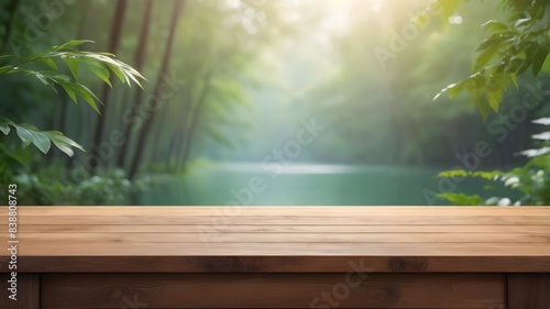 empty wooden table with blurred natural background 