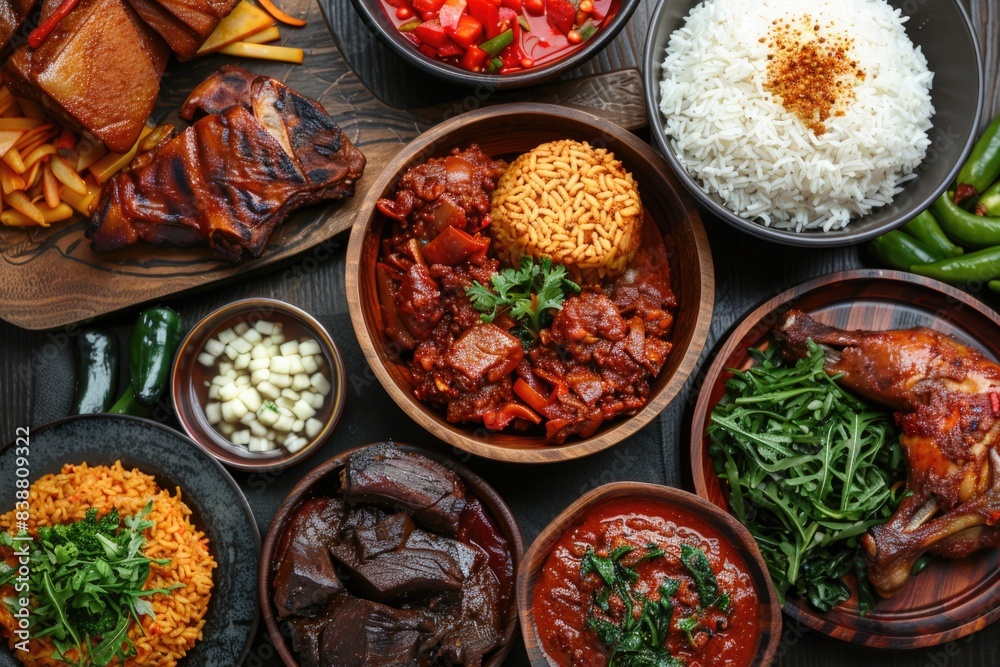 West African food concept. Traditional West African dishes assortment (rice, chicken, beef, pork, plantain , etc.), top view. West African food concept. Traditional West African dishes assortment (rice, chicken, beef, pork, plantain , etc.), top view.