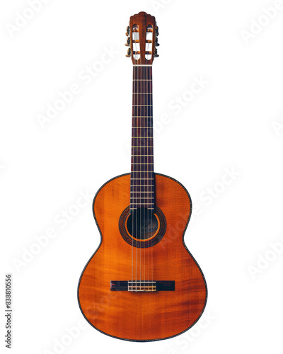 A high-quality classical acoustic guitar with a beautiful wooden finish and nylon strings, perfect for music enthusiasts and performers. isolated PNG transparent background.