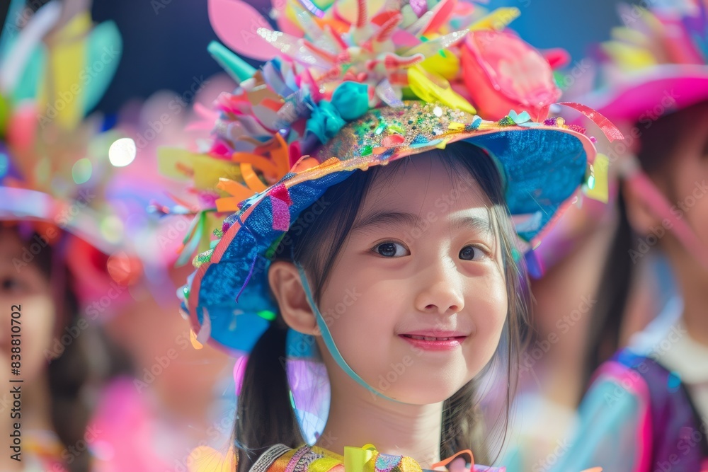 outfits featuring textured orange flowers and whimsical witch hats, a cluster of young Asian girls joyfully celebrates the magical atmosphere of the festivities stage show. outfits featuring textured orange flowers and whimsical witch hats, a cluster of young Asian girls joyfully celebrates the magical atmosphere of the festivities stage show.