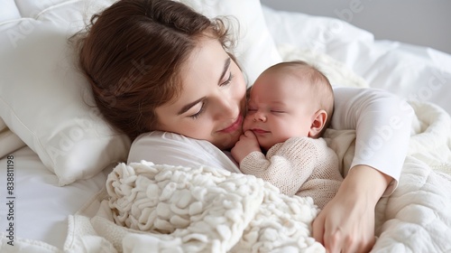 A young mother with her newborn little baby lies on white sheets on the bed. Gentle Whispers, A Heartwarming close-up of a Young woman and Her child, Sharing Intimate Moments of Love and Connection