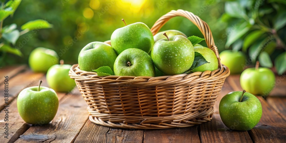 Basket of green apples on a rustic table Basket of green apples on a rustic table