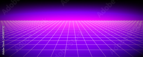 Glowing neon wireframe background. Purple shining checkered grid planes in perspective. Bright retro futuristic horizon wallpaper. Arcade game sci fi matrix surface. Vector backdrop for poster, banner