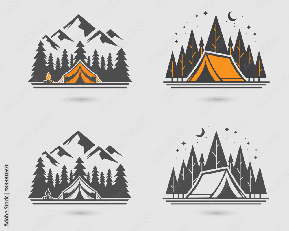 Camping in Summer with Tent, Mountain, Pine Tree, Moon, Stars, Clouds, Campfire in the forest. Hand Drawn Camping Vector Set. Simple Vector Illustration. Camping in Summer with Tent, Mountain, Pine Tree, Moon, Stars, Clouds, Campfire in the forest. Hand Drawn Camping Vector Set. Simple Vector Illustration.