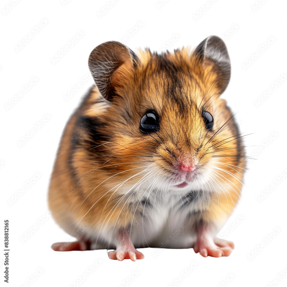 Close-up image of a cute hamster with vibrant fur colors, looking at the camera, isolated on a white background. isolated PNG transparent background.