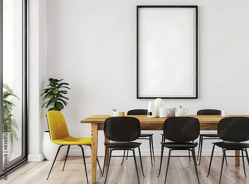 Stylish dining room interior with black chairs, a wooden table and a yellow chair in front of a white wall with a mockup poster frame hanging on it Stylish dining room interior with black chairs, a wooden table and a yellow chair in front of a white wall with a mockup poster frame hanging on it