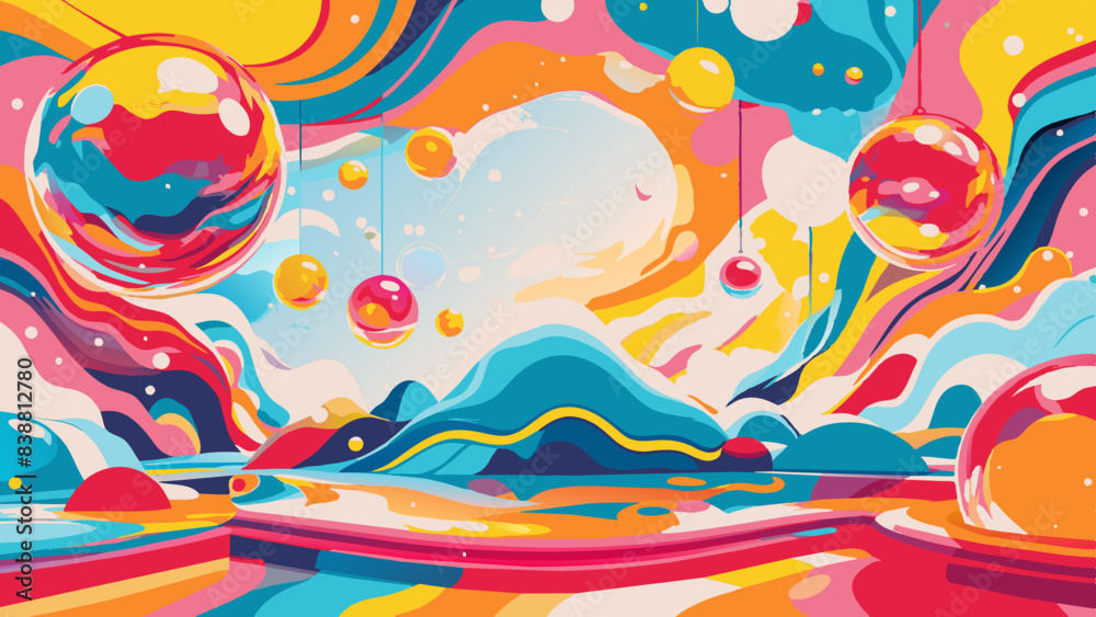 Colorful Abstract Cosmic Landscape with Vibrant Spheres and Swirls Colorful Abstract Cosmic Landscape with Vibrant Spheres and Swirls