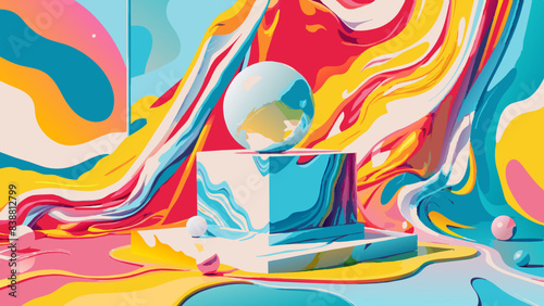 Surreal Colorful Landscape with Abstract Shapes and Earth Globe