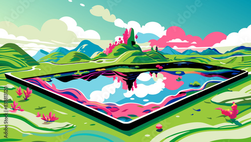 Surreal Landscape with Abstract Geometric Reflections and Vibrant Colors © Oksa Art