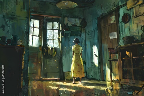 girl in yellow dress standing alone in the middle of the room photo