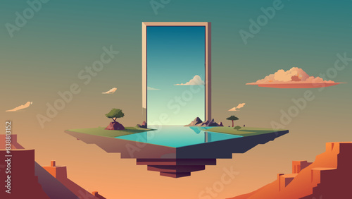 Surreal Floating Island with Mirror Portal in Sky
