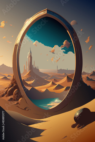 Fantasy Desert Portal Landscape with Dreamlike Castle View