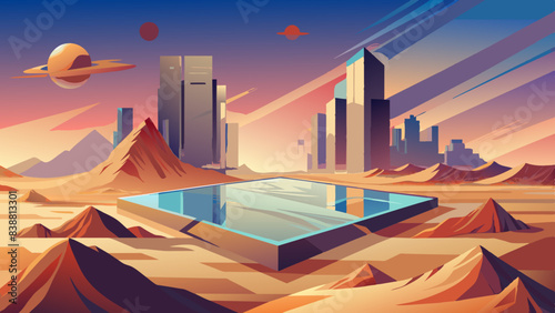 Futuristic Cityscape with Planets, Desert Dunes, and Skyscrapers at Sunset