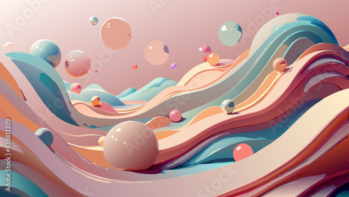 Surreal Pastel Landscape with Flowing Waves and Floating Spheres