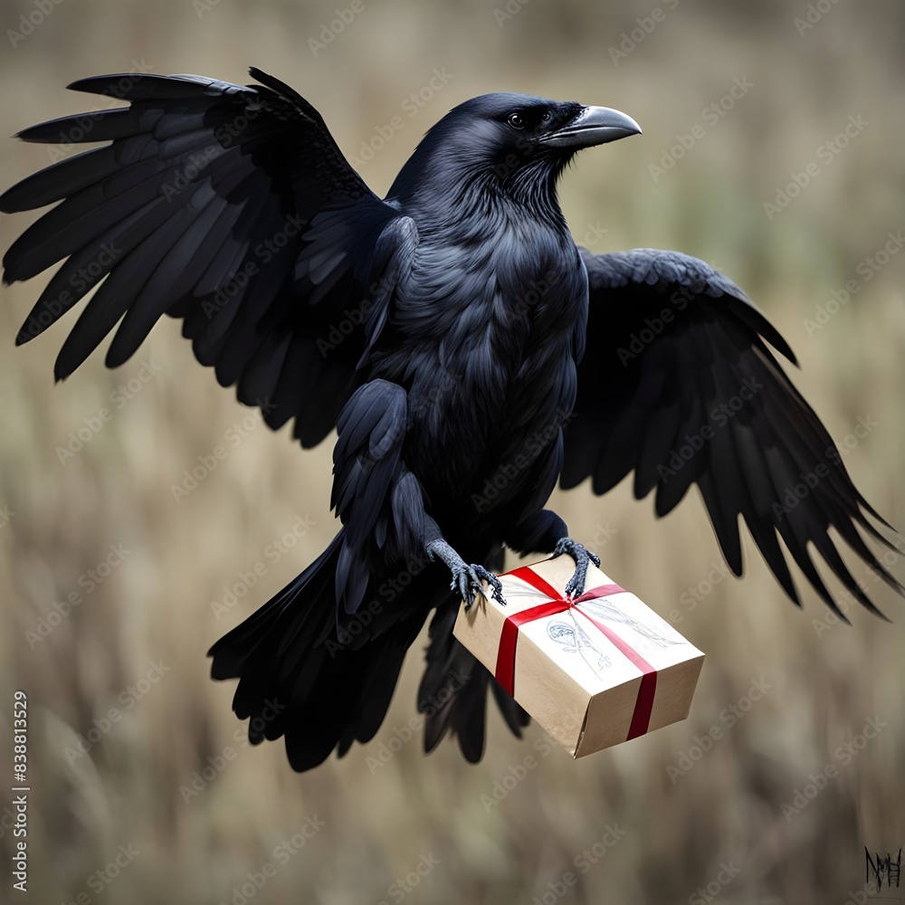 Fototapeta premium A majestic black raven clutching a sealed latte