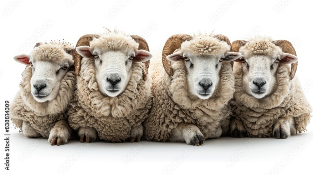 Fototapeta premium Four fluffy sheep lined up closely in front of a white background, showcasing their woolly coats and serene expressions.