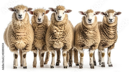 Group of five fluffy brown sheep standing in a row on white background, showcasing wool texture and farm animal life.