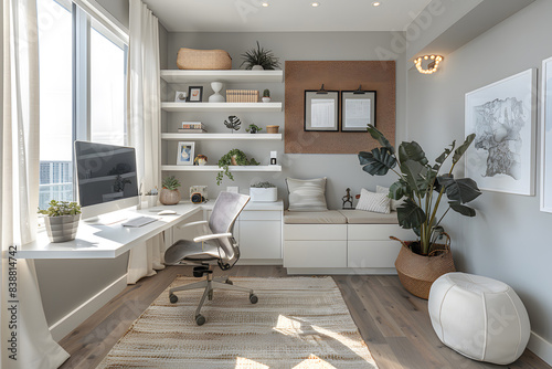 Minimalist home office - white desk, ergonomic chair, computer monitor, floating shelves with a few decorative items and books, large corkboard on the wall, light grey beige interior large window.