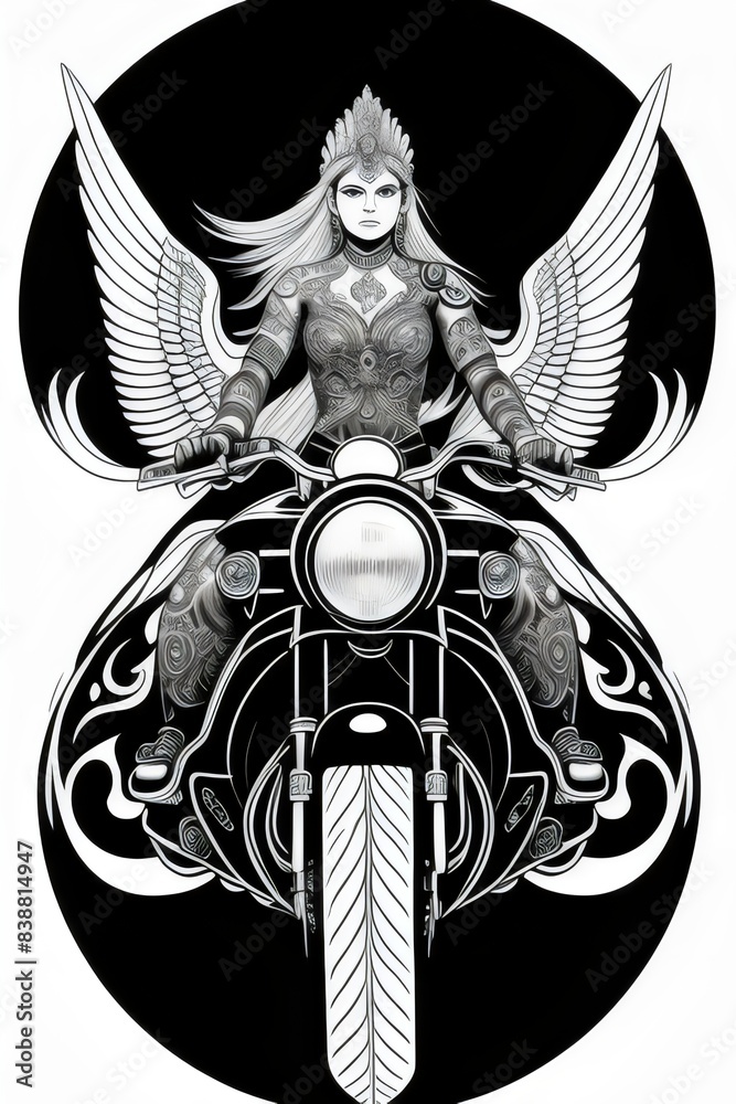 Obraz premium an illustration of a fictional woman, goddess, character riding a motorcycle