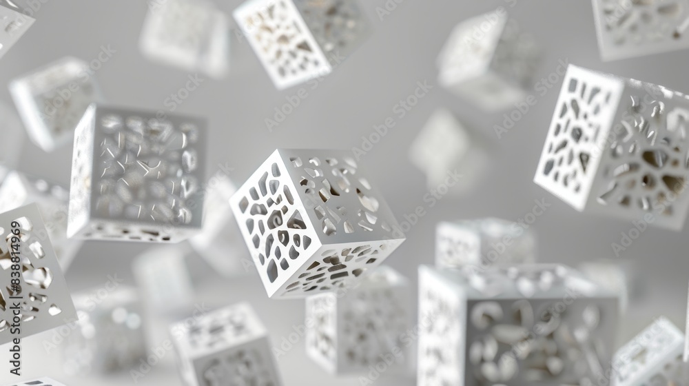 Abstract 3D render of floating white lattice cubes on light grey background, showcasing geometric shapes and modern design elements. Abstract 3D render of floating white lattice cubes on light grey background, showcasing geometric shapes and modern design elements.