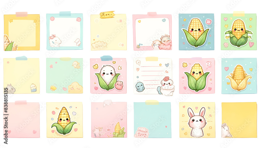 watercolor set of empty cute sticky notes Sweet Corn isolated on transparent background watercolor set of empty cute sticky notes Sweet Corn isolated on transparent background