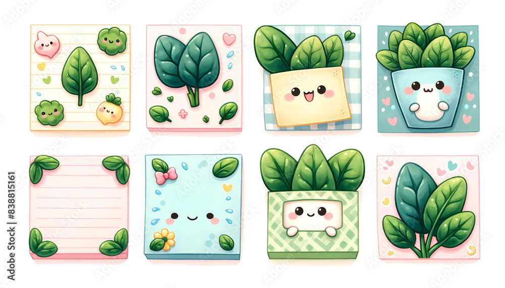 watercolor set of empty cute sticky notes Spinach isolated on transparent background watercolor set of empty cute sticky notes Spinach isolated on transparent background