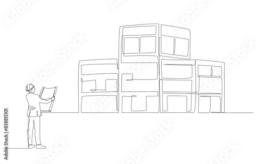 Continuous one line drawing of engineer holding blueprint looking at building, building structure inspection concept, single line art.