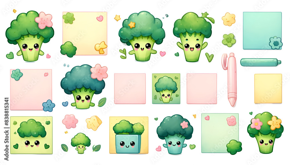 Obraz premium watercolor set of empty cute sticky notes Broccoli isolated on transparent background