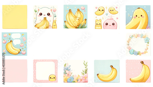 watercolor set of empty cute sticky notes Bananas isolated on transparent background